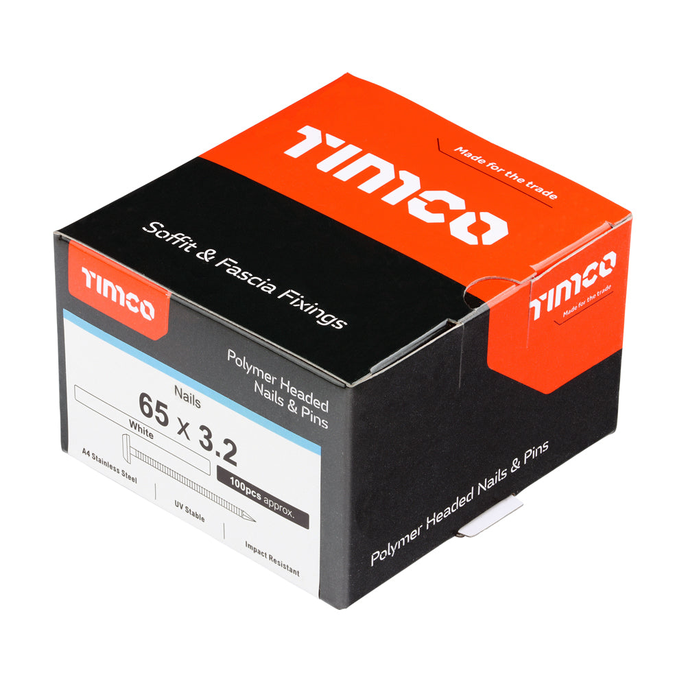 This is an image of Timco - Polymer Headed Nails - A4 Stainless Steel - White 65mm (100 PCS Box) PN65W