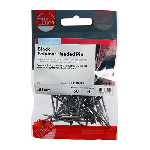 This is an image of Timco - Polymer Headed Pins - Stainless Steel - Black 30mm (60 PCS TIMpac) PP30BLP