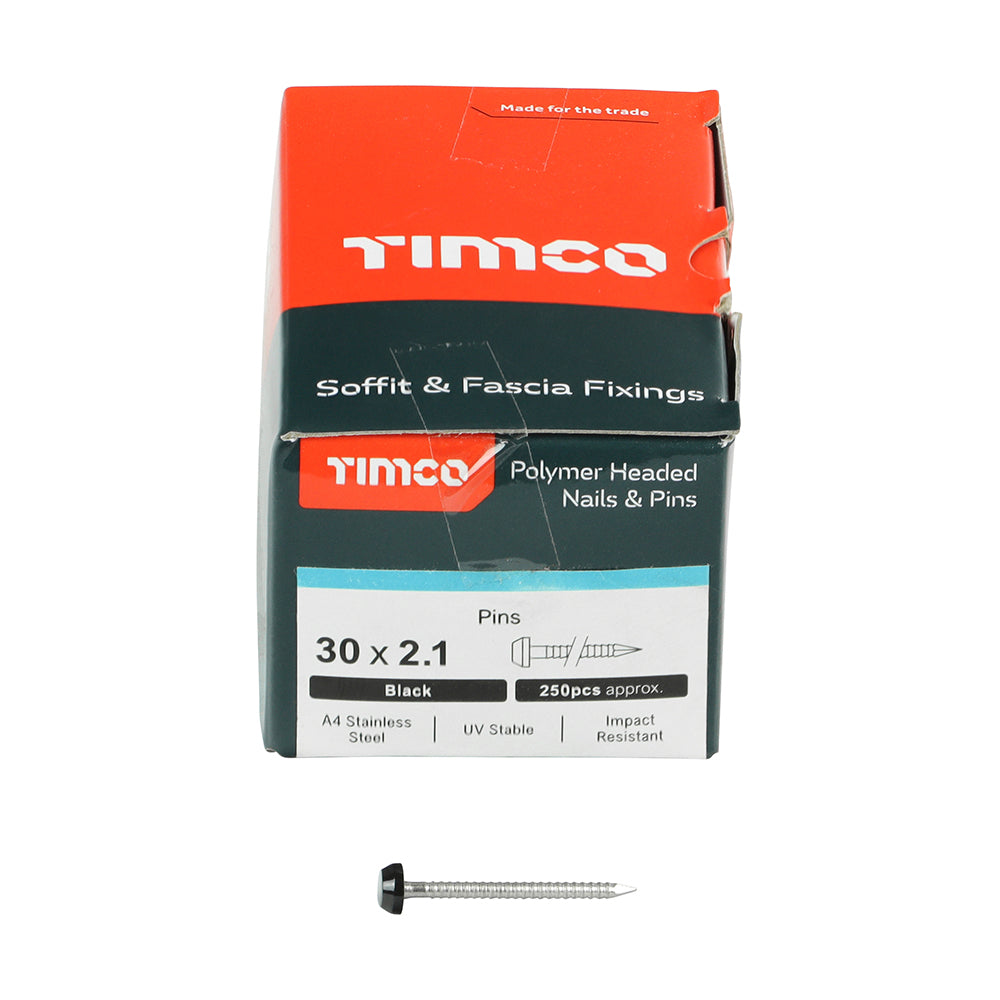 This is an image of Timco - Polymer Headed Pins - A4 Stainless Steel - Black 30mm (250 PCS Box) PP30BL