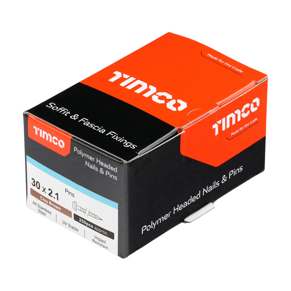 This is an image of Timco - Polymer Headed Pins - A4 Stainless Steel - Clay Brown 30mm (250 PCS Box) PP30CB