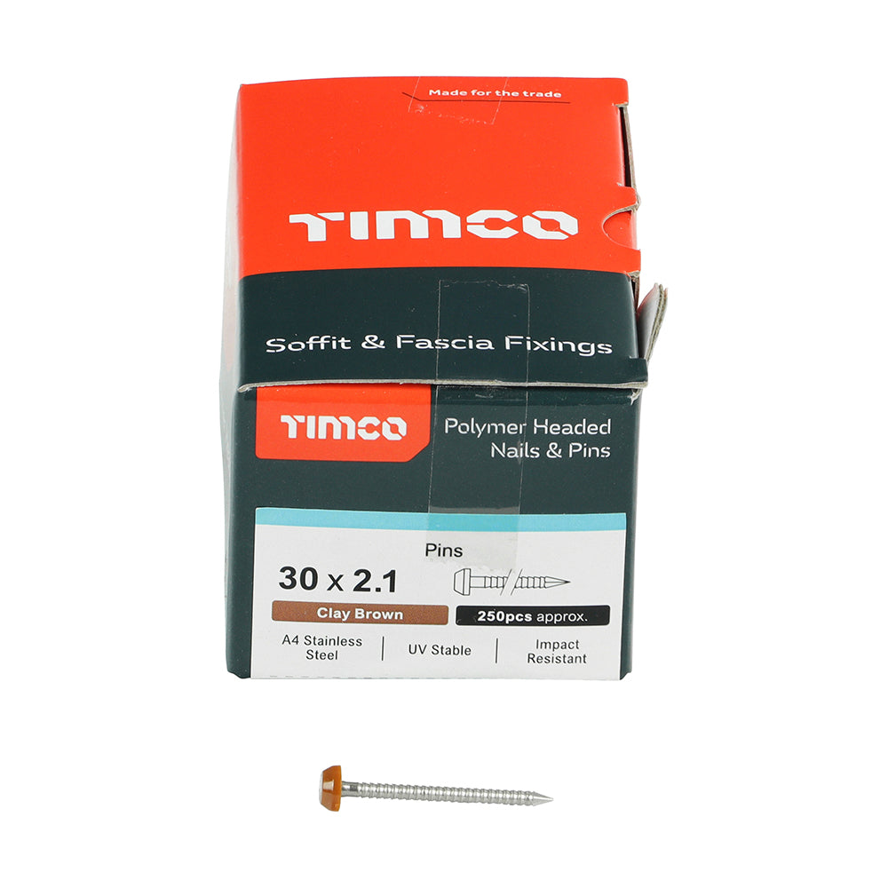This is an image of Timco - Polymer Headed Pins - A4 Stainless Steel - Clay Brown 30mm (250 PCS Box) PP30CB