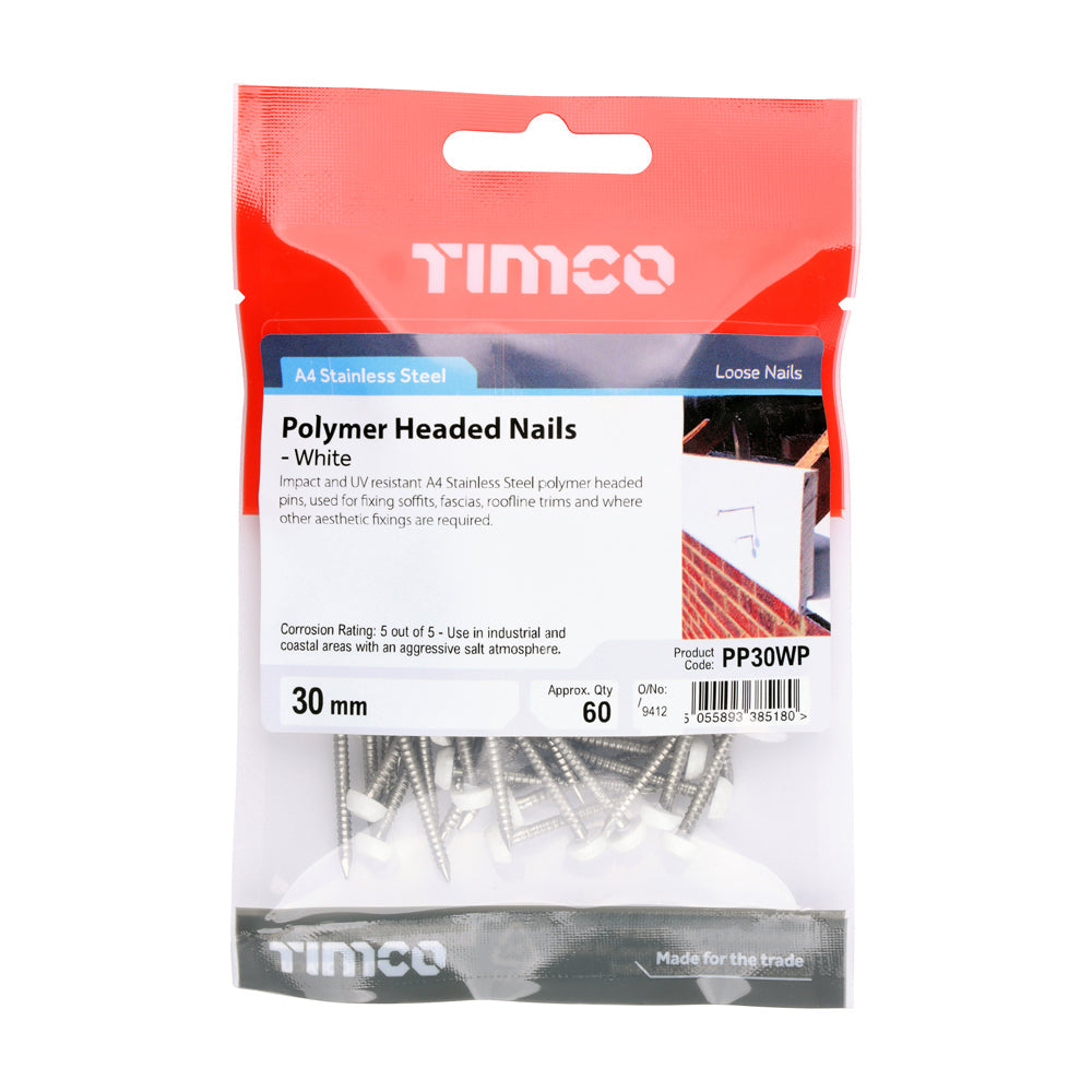 This is an image of Timco - Polymer Headed Pins - Stainless Steel - White 30mm (60 PCS TIMpac) PP30WP