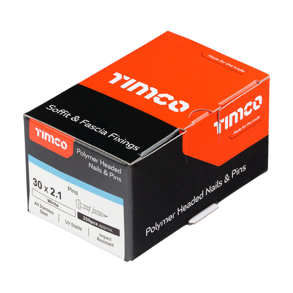 This is an image of Timco - Polymer Headed Pins - A4 Stainless Steel - White 30mm (250 PCS Box) PP30W