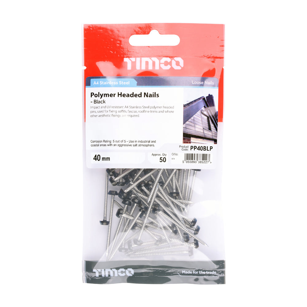 This is an image of Timco - Polymer Headed Pins - Stainless Steel - Black 40mm (50 PCS TIMpac) PP40BLP