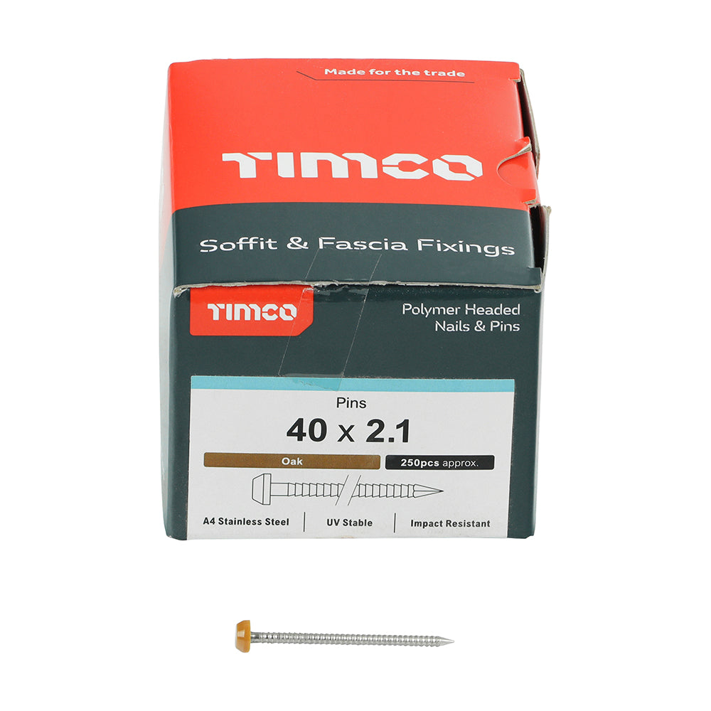 This is an image of Timco - Polymer Headed Pins - A4 Stainless Steel - Oak 40mm (250 PCS Box) PP40O
