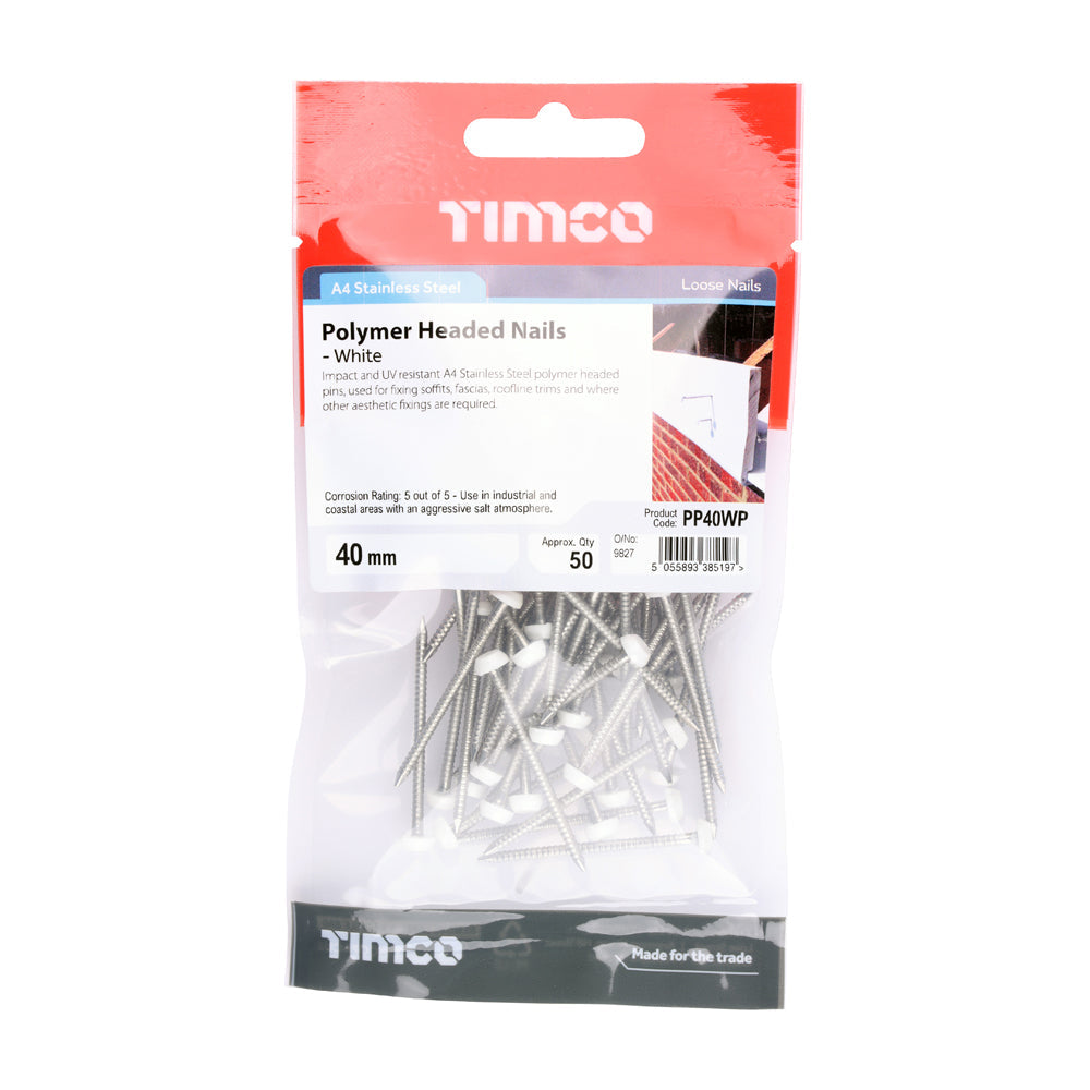 This is an image of Timco - Polymer Headed Pins - Stainless Steel - White 40mm (50 PCS TIMpac) PP40WP