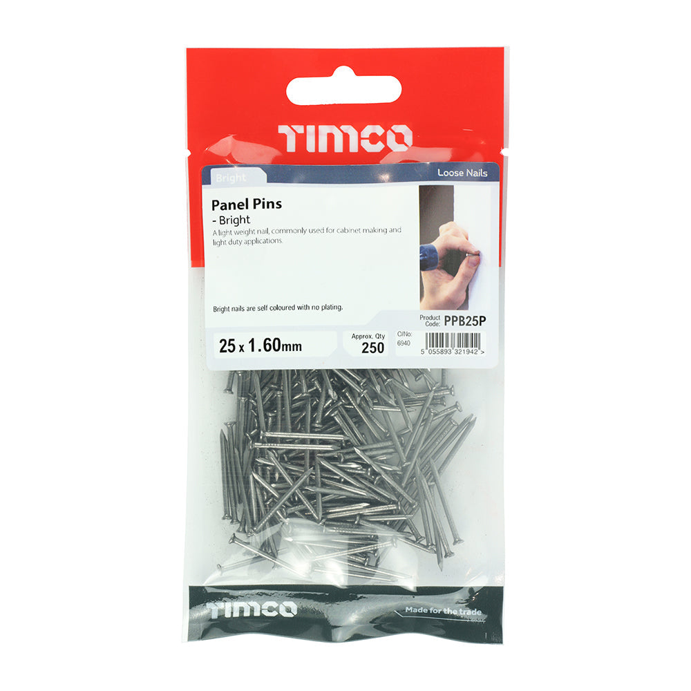 This is an image of Timco - Panel Pins - Bright 25 x 1.60mm (250 PCS TIMpac) PPB25P