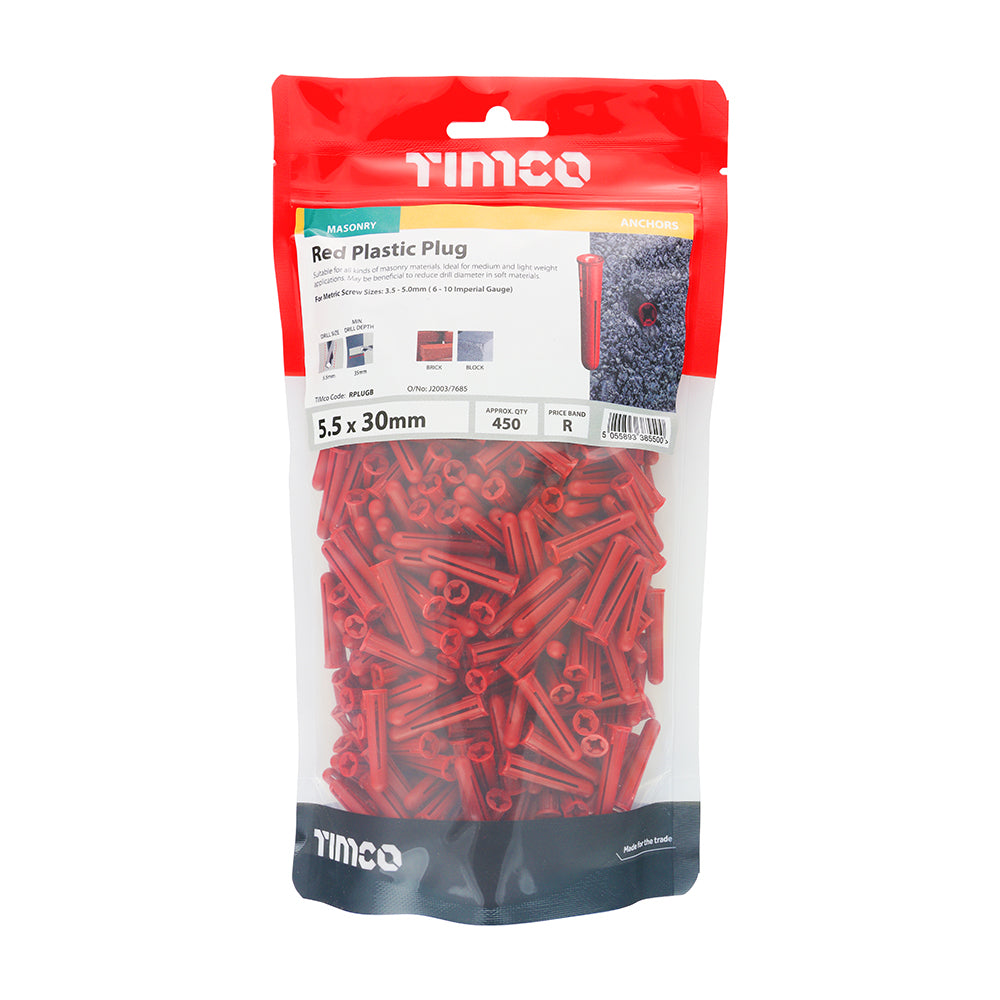 This is an image of Timco - Plastic Plugs - Red 30mm - (450 PCS TIMbag) RPLUGB