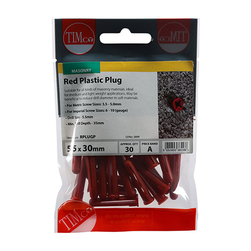 This is an image of Timco - Plastic Plugs - Red 30mm - (30 PCS TIMpac) RPLUGP