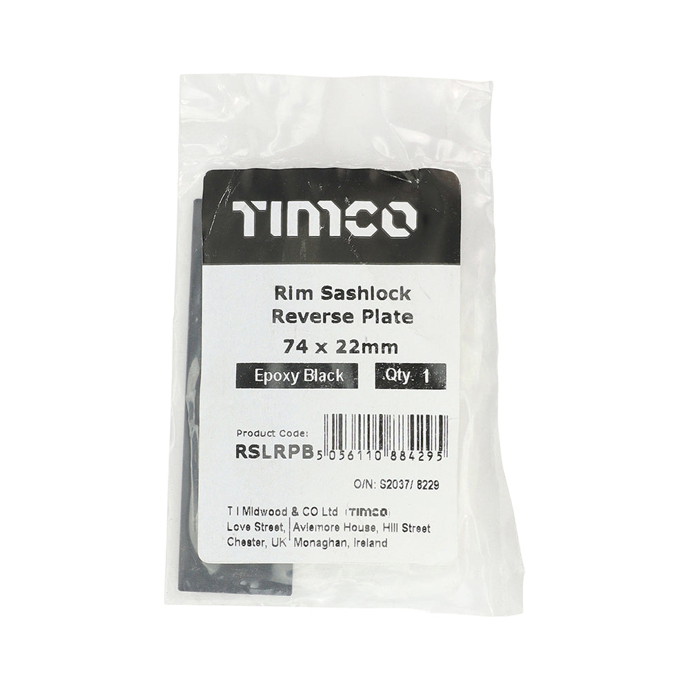 This is an image of Timco - Rim Sashlock Reverse Plate - Epoxy Black 74 x 22 (1 Each Bag) RSLRPB