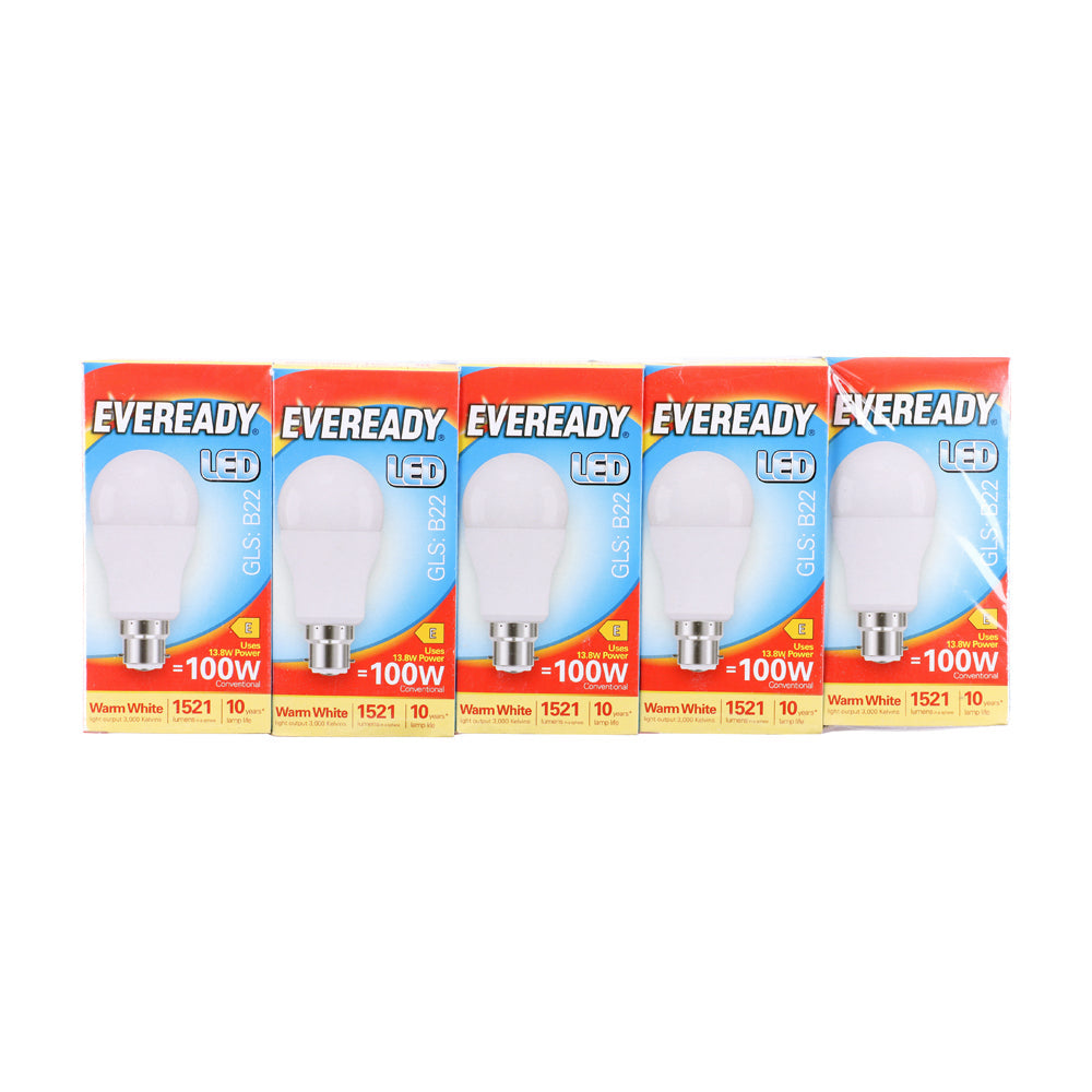 This is an image of Timco - Eveready LED GLS Light Bulb - B22 - 1521 Lumen - 13.8W - Warm Light 1521 Lumen (5 Pieces Pack) S13626