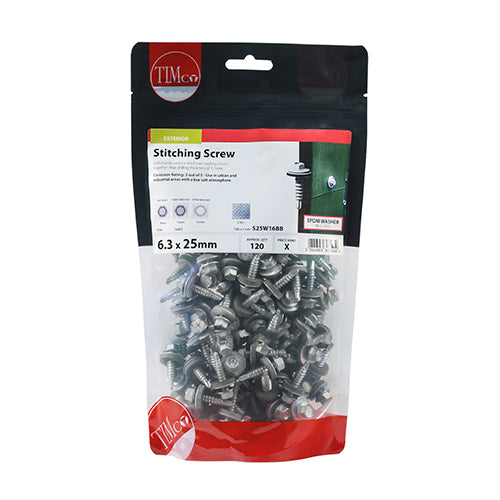 This is an image of Timco - Metal Construction Stitching Screws - For Sheet to Sheet - Hex - EPDM Washer - Self-Drilling - Exterior - Silver Organic 6.3 x 25mm - (120 PCS TIMbag) S25W16BB