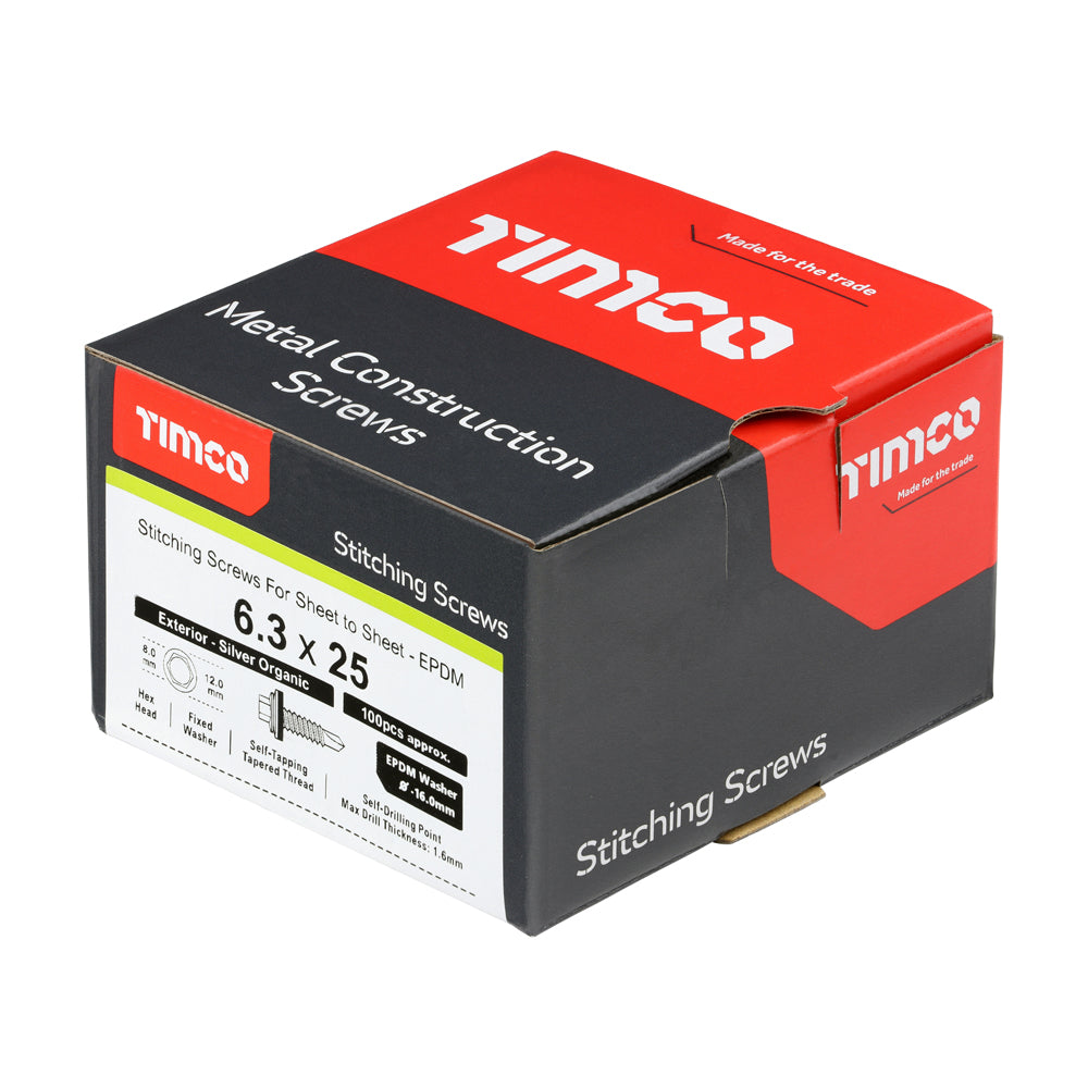 This is an image of Timco - Metal Construction Stitching Screws - For Sheet to Sheet - Hex - EPDM Washer - Self-Drilling - Exterior - Silver Organic 6.3 x 25mm - (100 PCS Box) S25W16B