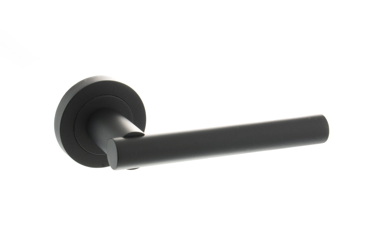 Quality image of STATUS Nebraska Lever Door Handle on Round Rose - Matt Black | Sku. s28rmb | available from Trade Door Handles.