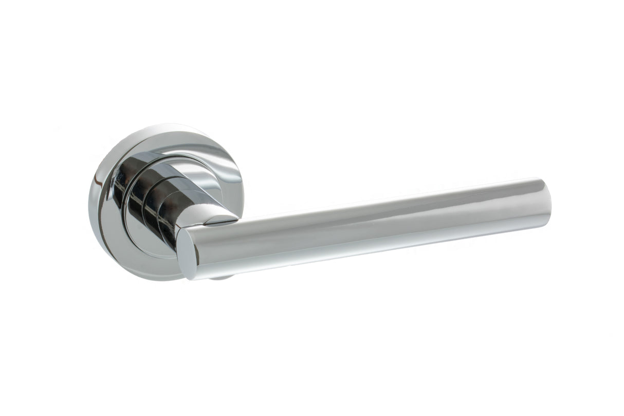 Quality image of STATUS Nebraska Lever Door Handle on Round Rose - Polished Chrome | Sku. s28rpc | available from Trade Door Handles.