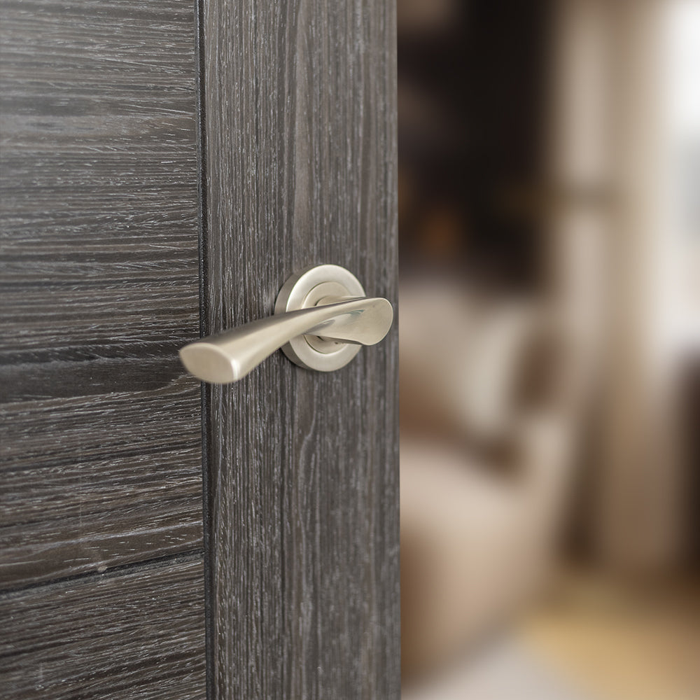 Quality image of STATUS Colorado Lever Door Handle on Round Rose - Satin Nickel | Sku. s34rsn | available from Trade Door Handles.