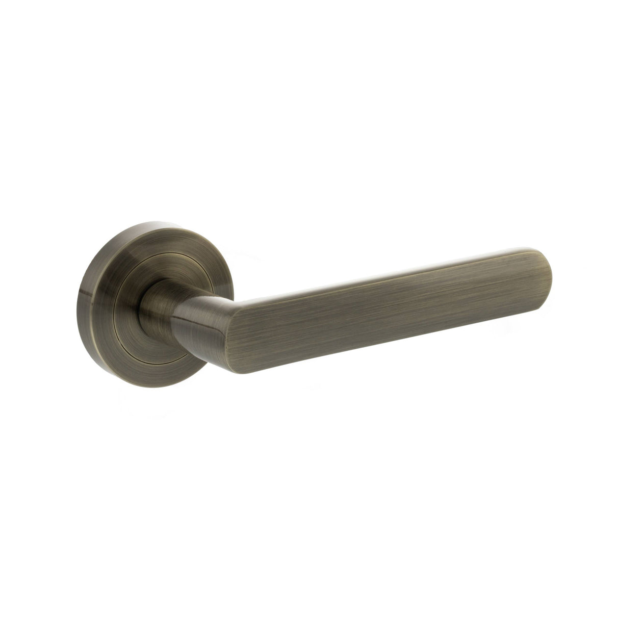 Quality image of STATUS Carolina Lever Door Handle on Round Rose - Antique Brass | Sku. s42rab | available from Trade Door Handles.