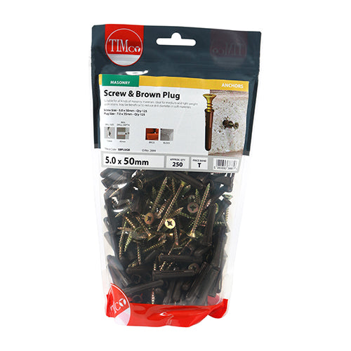 This is an image of Timco - Brown Plastic Plugs with Screws 35mm Brown Plug, 5.0x50 Screw - (125 PCS TIMbag) SBPLUGB