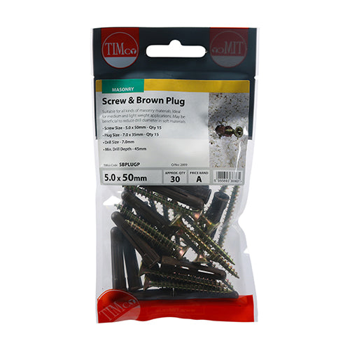 This is an image of Timco - Brown Plastic Plugs with Screws 35mm Brown Plug, 5.0x50 Screw - (15 PCS TIMpac) SBPLUGP