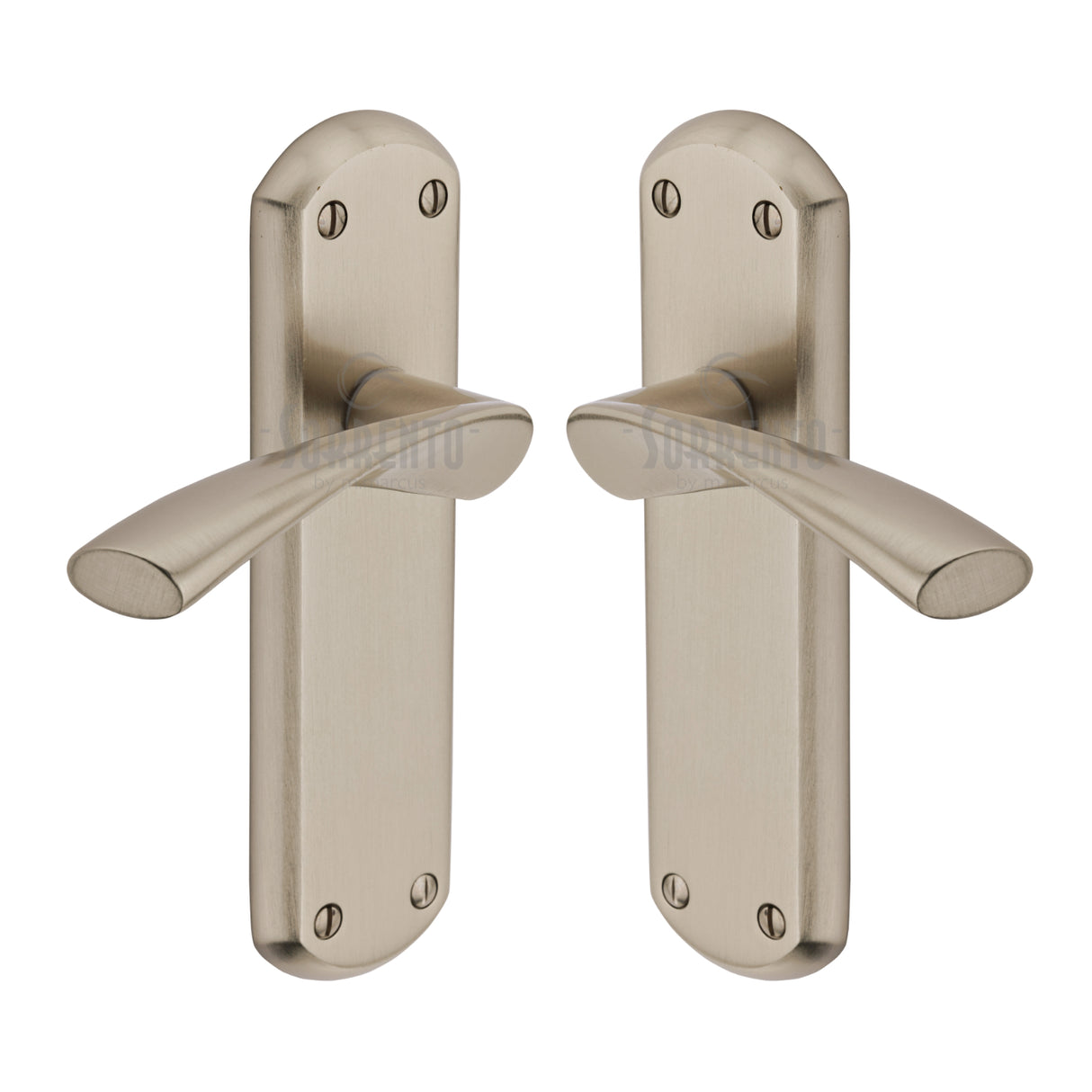 High quality image of the Sorrento Door Handle Lever Latch Atlanta Design Satin Nickel on Zinc finish | Sku. SC-7610-SNZ | available to order from Trade Door Handles.