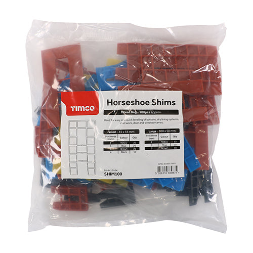 This is an image of Timco - Assorted Horseshoe Shims 1.0, 3.0, 5.0, 6.0mm (100 Pieces Bag) SHIM100