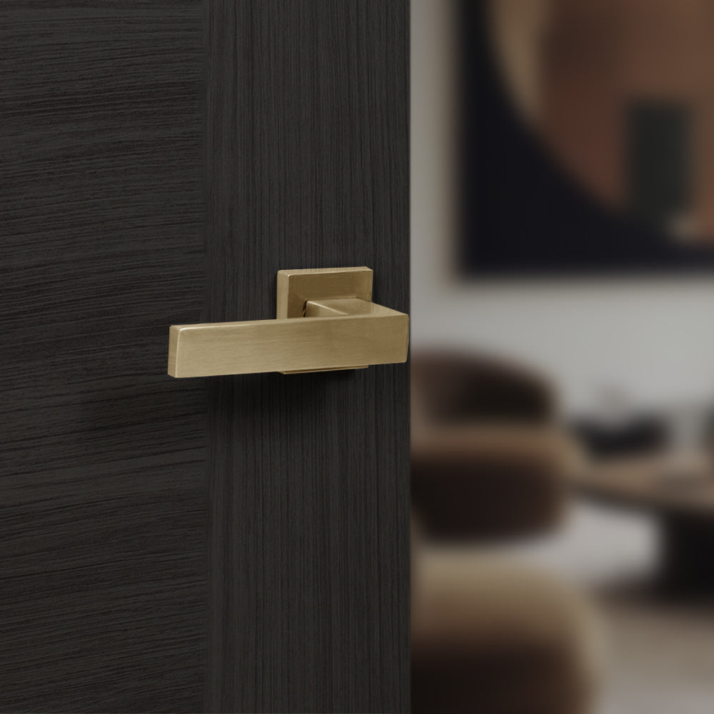 Quality image of Senza Pari Panetti Lever Door Handle on Flush Square Rose - Satin Brass | Sku. sp217sb | available from Trade Door Handles.