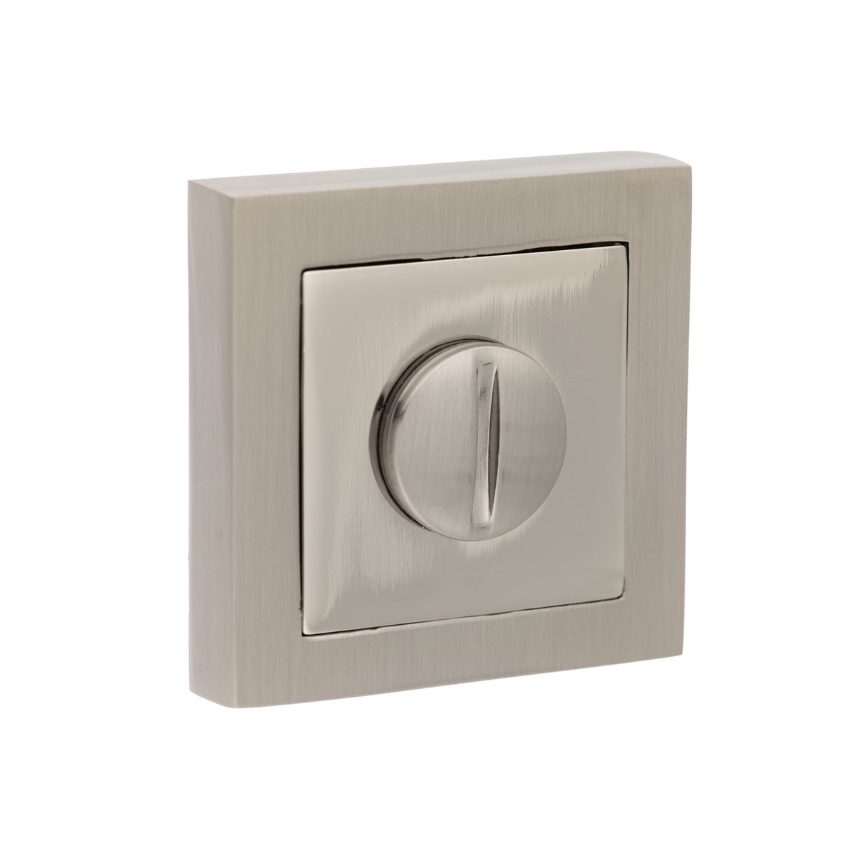 Quality image of Senza Pari WC Turn and Release on Square Rose - Satin Nickel/Polished Nickel | Sku. spcwcsnnp | available from Trade Door Handles.