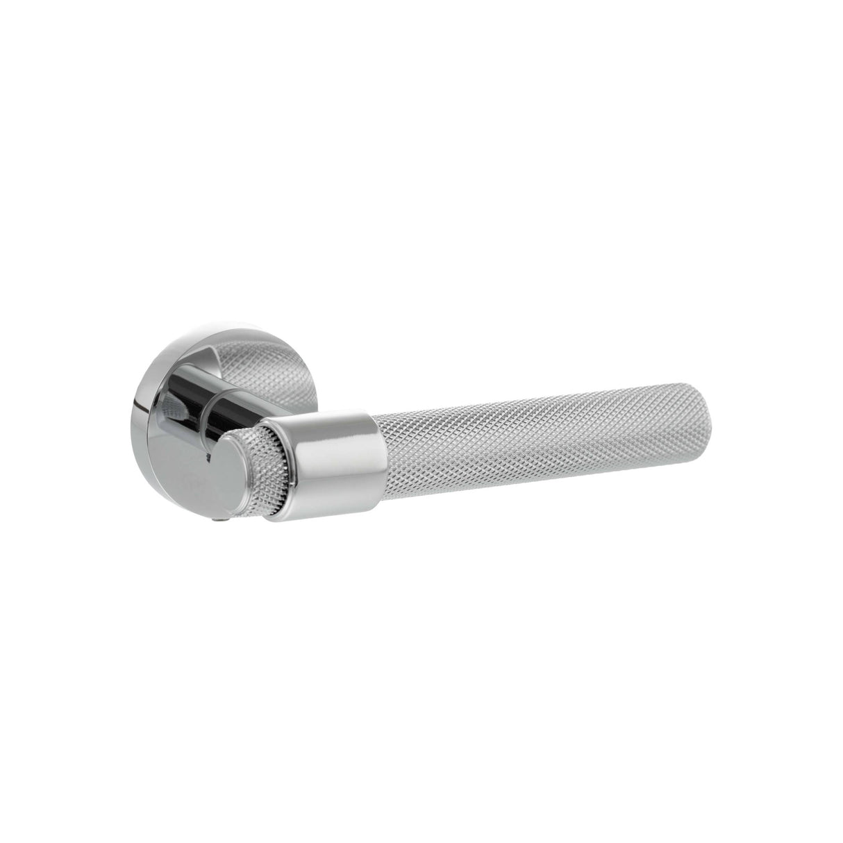 Quality image of Senza Pari Andretta Knurled Lever Door Handle on Minimal Round Rose - Polished Chrome | Sku. spr160pc | available from Trade Door Handles.
