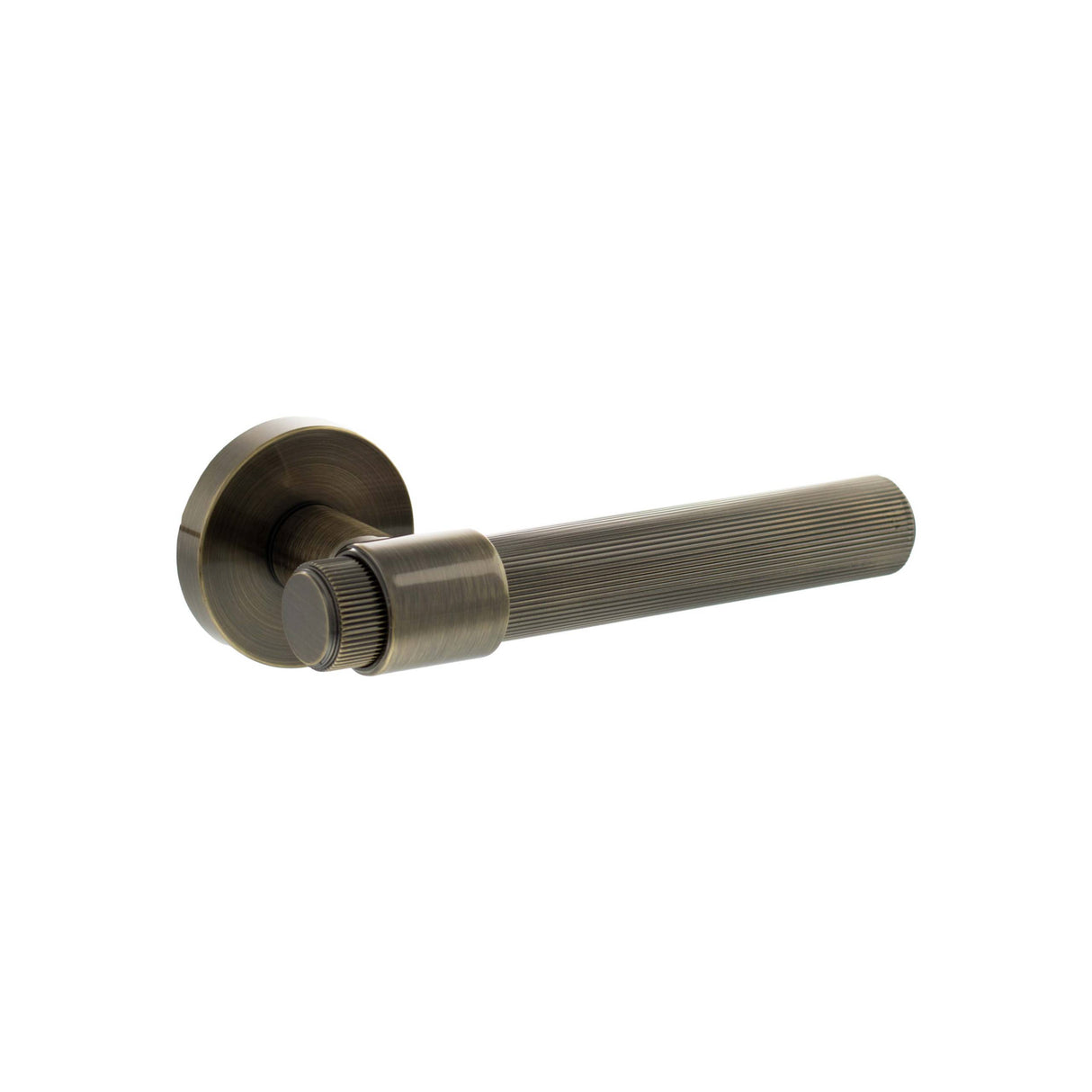 Quality image of Senza Pari Fasana Linear Knurled Lever Door Handle on Minimal Round Rose - Antique Brass | Sku. spr165ab | available from Trade Door Handles.