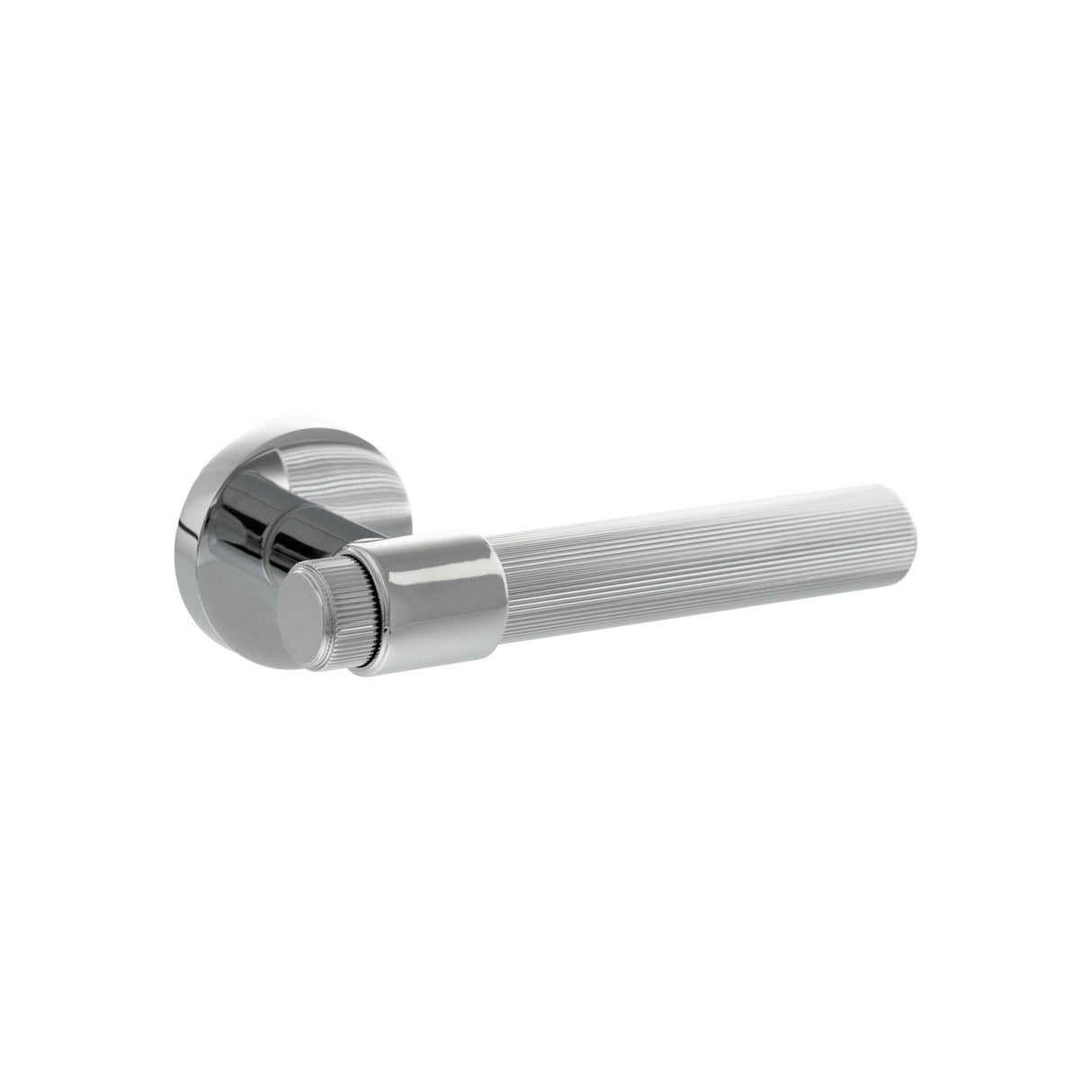 Quality image of Senza Pari Fasana Linear Knurled Lever Door Handle on Minimal Round Rose - Polished Chrome | Sku. spr165pc | available from Trade Door Handles.