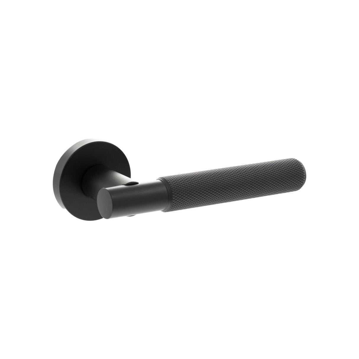 Quality image of Senza Pari Rosarno Knurled Lever Door Handle on Minimal Round Rose - Matt Black | Sku. spr170mb | available from Trade Door Handles.