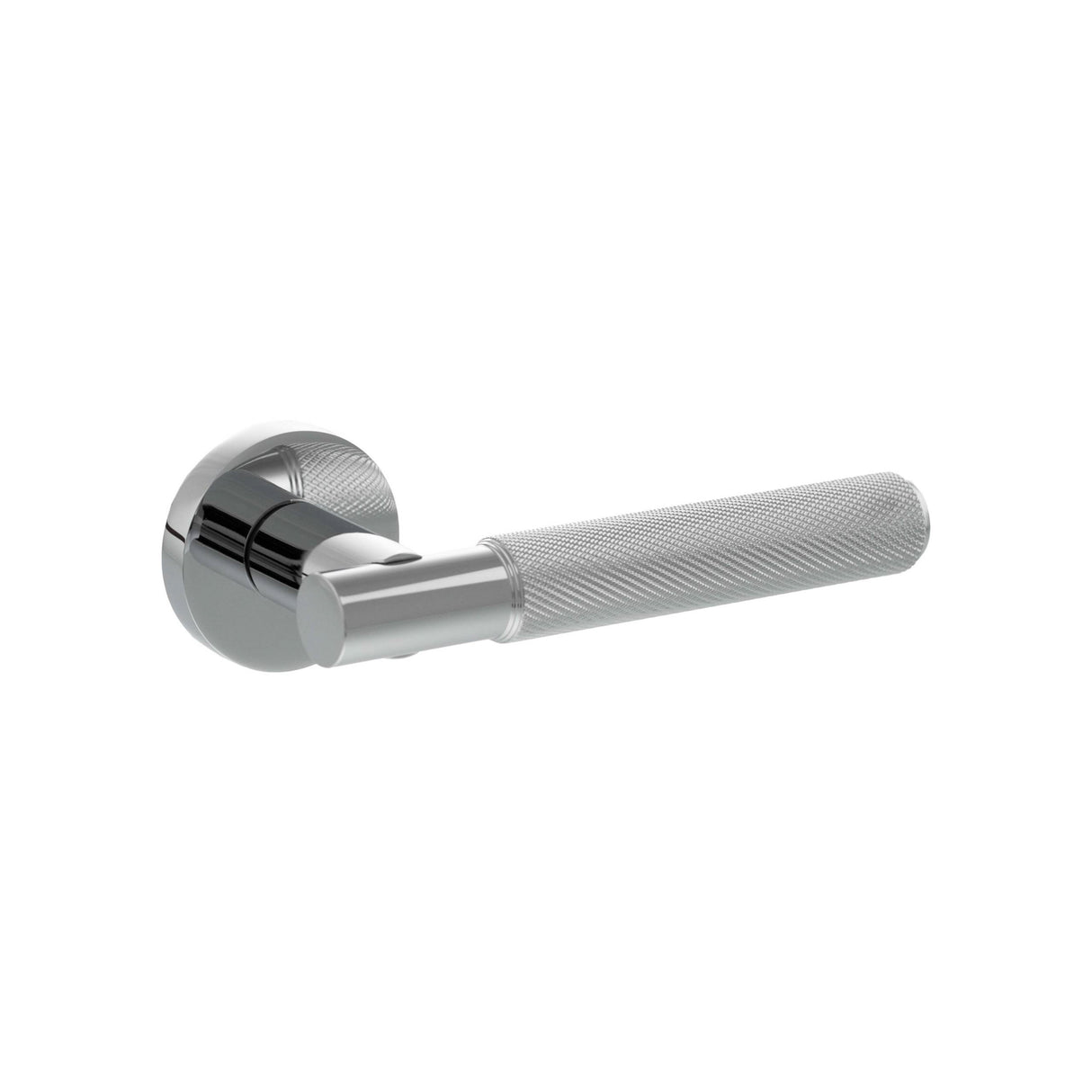 Quality image of Senza Pari Rosarno Knurled Lever Door Handle on Minimal Round Rose - Polished Chrome | Sku. spr170pc | available from Trade Door Handles.