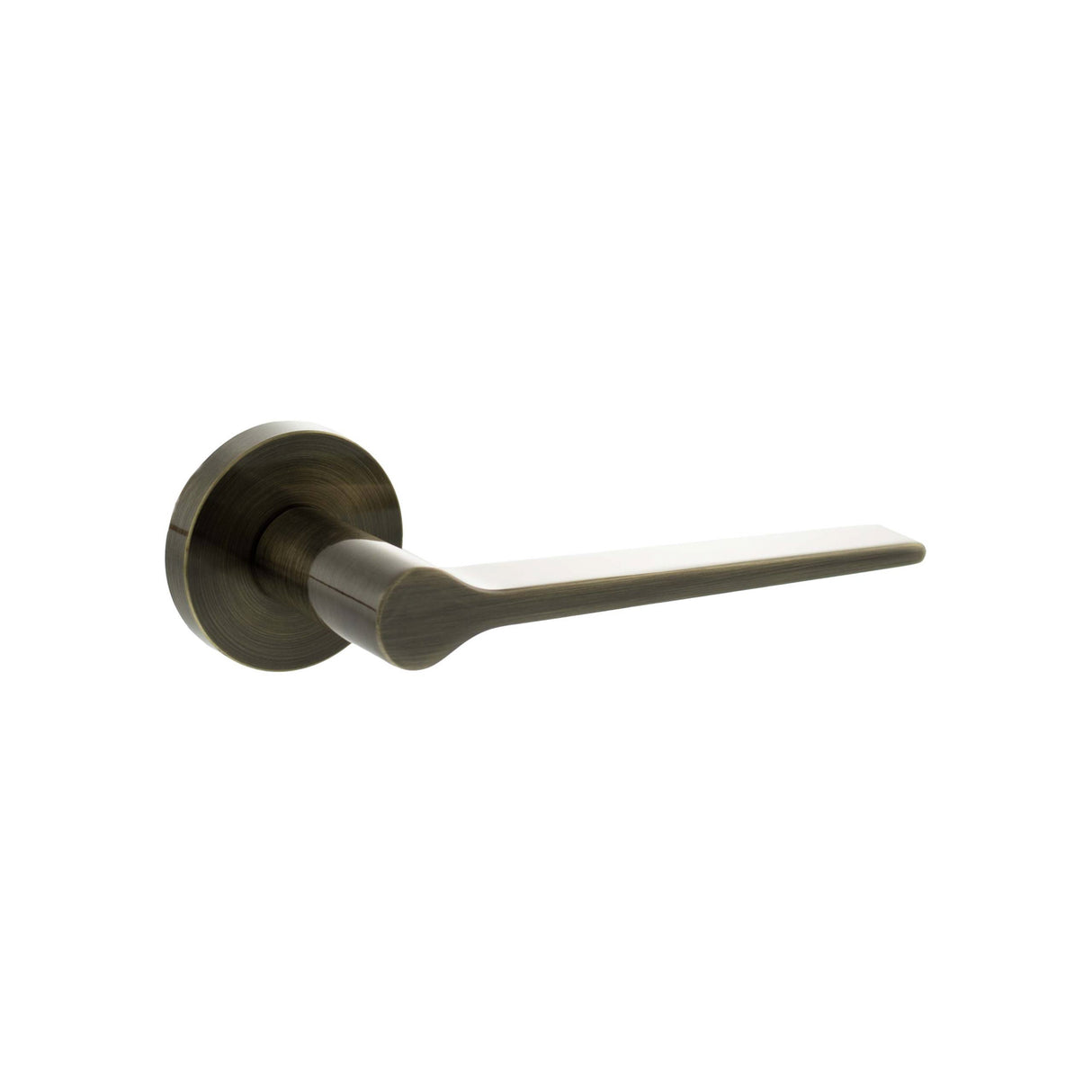Quality image of Senza Pari Laviano Lever Door Handle on Minimal Round Rose - Antique Brass | Sku. spr180ab | available from Trade Door Handles.