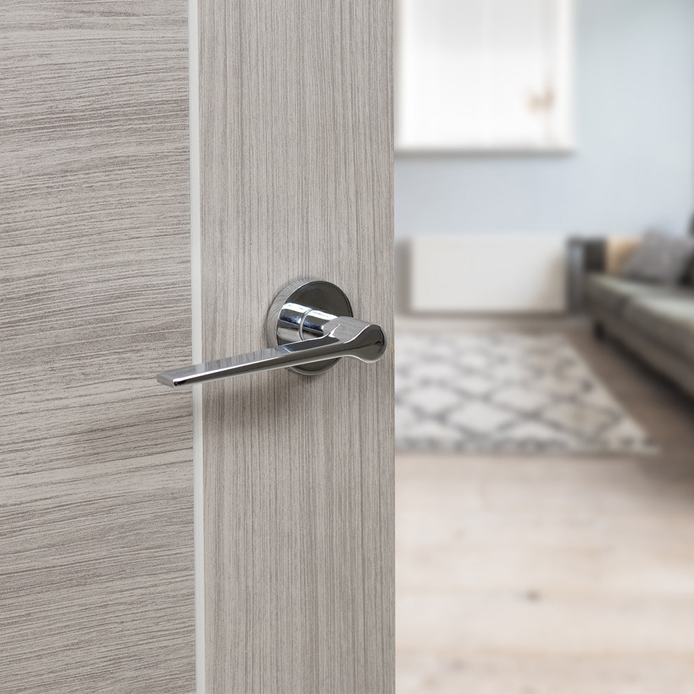 Quality image of Senza Pari Laviano Lever Door Handle on Minimal Round Rose - Polished Chrome | Sku. spr180pc | available from Trade Door Handles.