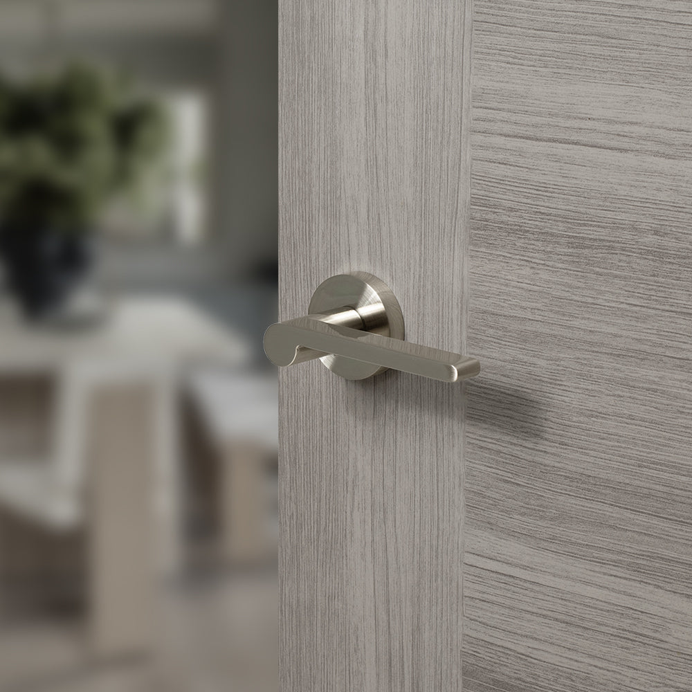 Quality image of Senza Pari Darrio Lever Door Handle on Round Rose - Satin Nickel | Sku. spro218sn | available from Trade Door Handles.