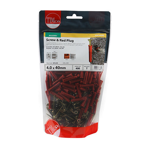 This is an image of Timco - Red Plastic Plugs with Screws 30mm Red Plug, 4.0x40 Screw - (200 PCS TIMbag) SRPLUGB