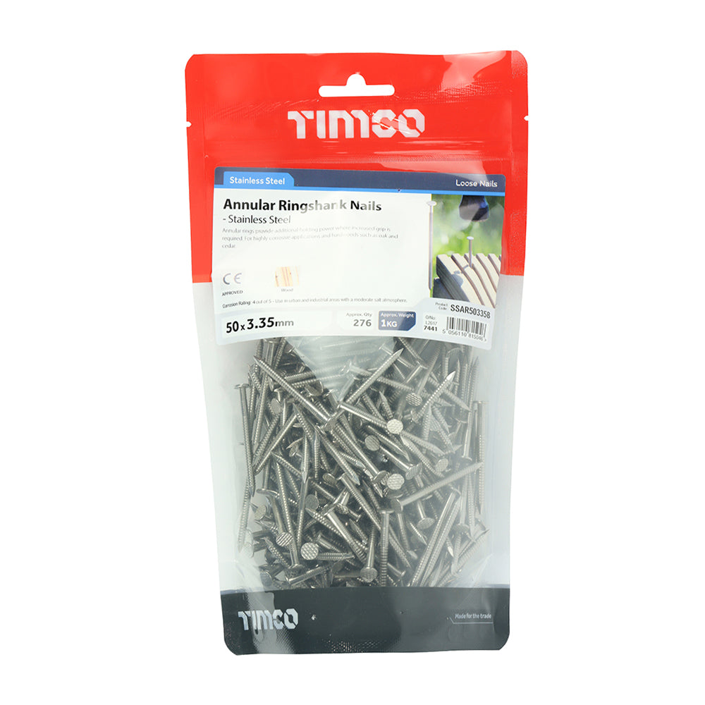 This is an image of Timco - Annular Ringshank Nails - Stainless Steel 50 x 3.35mm (1 Kg TIMbag) SSAR50335B
