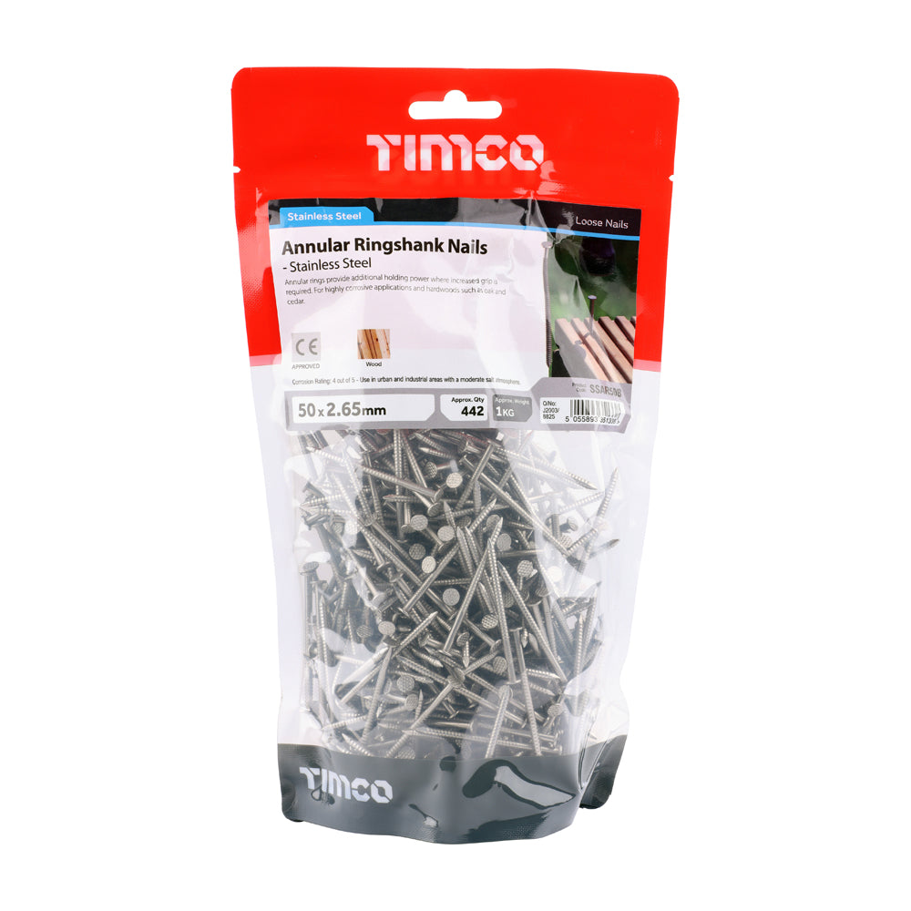 This is an image of Timco - Annular Ringshank Nails - Stainless Steel 50 x 2.65mm (1 Kg TIMbag) SSAR50B