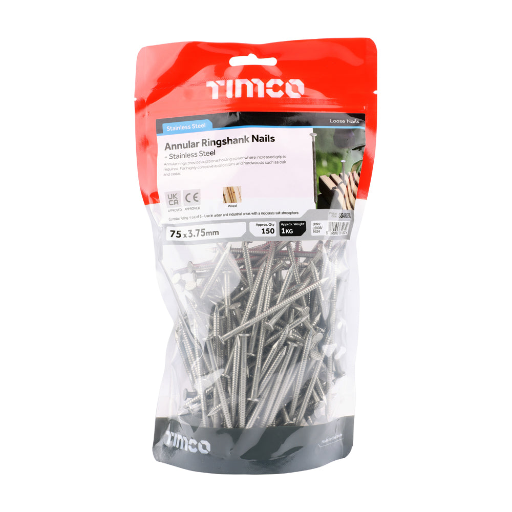 This is an image of Timco - Annular Ringshank Nails - Stainless Steel 75 x 3.75mm (1 Kg TIMbag) SSAR75B