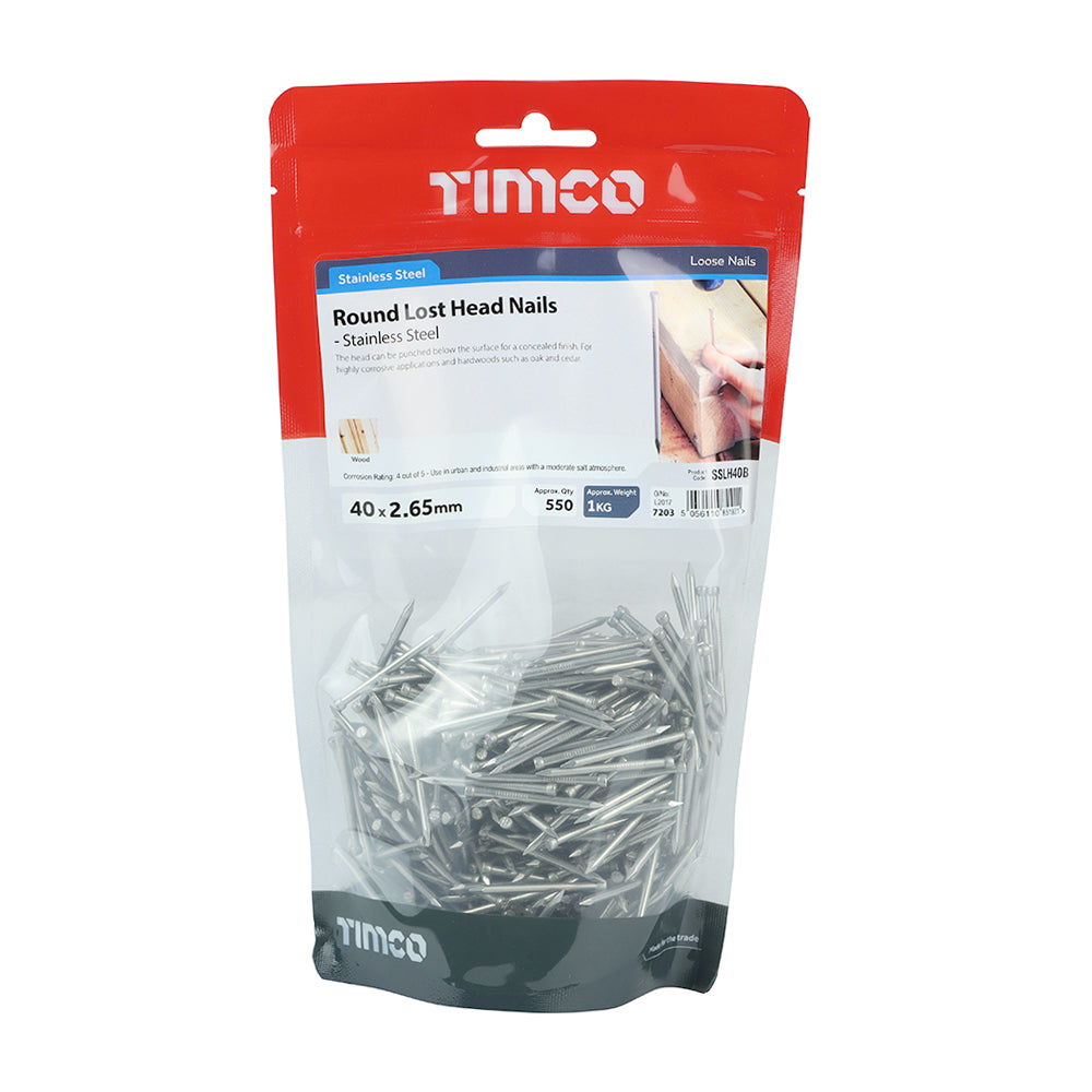 This is an image of Timco - Round Lost Head Nails - Stainless Steel 40 x 2.65mm (1 Kg TIMbag) SSLH40B
