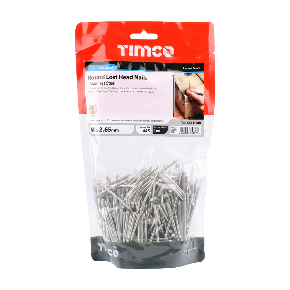 This is an image of Timco - Round Lost Head Nails - Stainless Steel 50 x 2.65mm (1 Kg TIMbag) SSLH50B