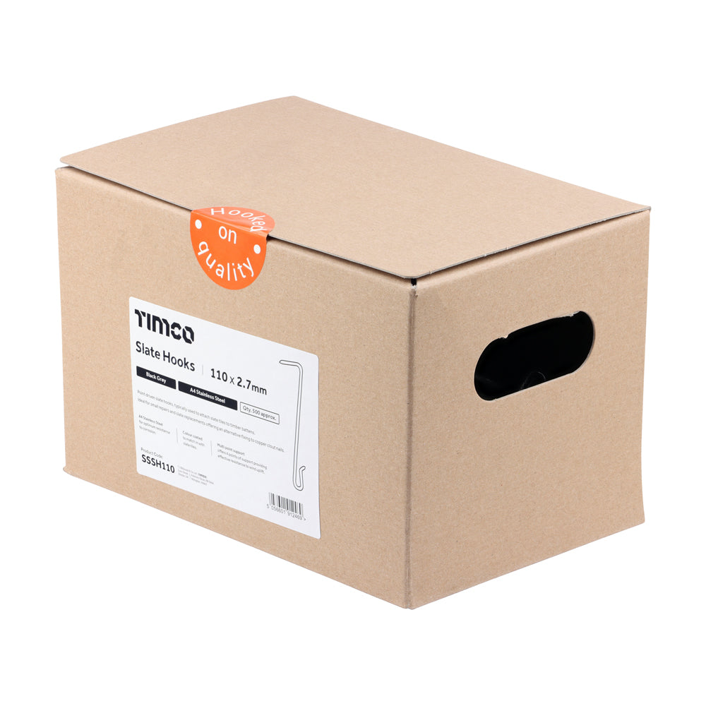 This is an image of Timco - Slate Hooks - Black Grey - A4 Stainless Steel 110 x 2.7 (500 Pieces Box) SSSH110