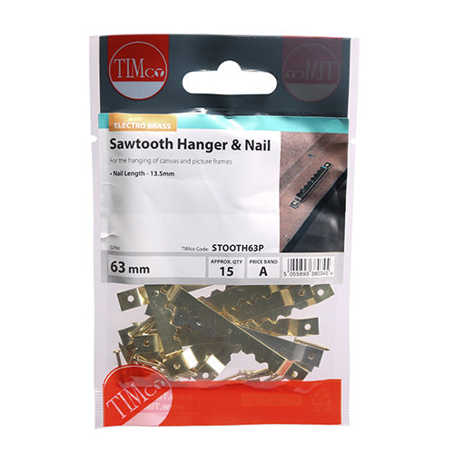 This is an image of Timco - Sawtooth Hangers and Nails - Electro Brass 63mm - (15 PCS TIMpac) STOOTH63P