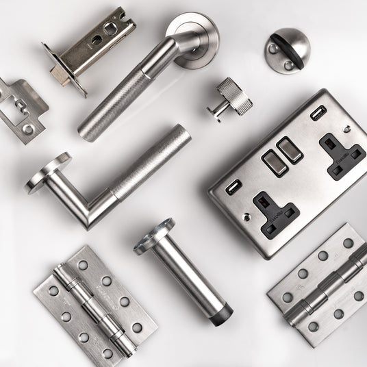 This is an image showing a range of Ironmongery and Hardware available in Satin Stainless Steel from Carlisle Brass.  Available to order from Trade Door Handles in Kendal