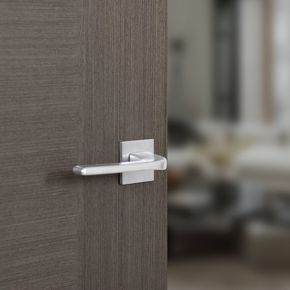 Quality image of Tupai Rapido 5S Line Canha Lever Door Handle on 5mm Slimline Square Rose - Satin Chrome | Sku. t4007s5ssc | available from Trade Door Handles.
