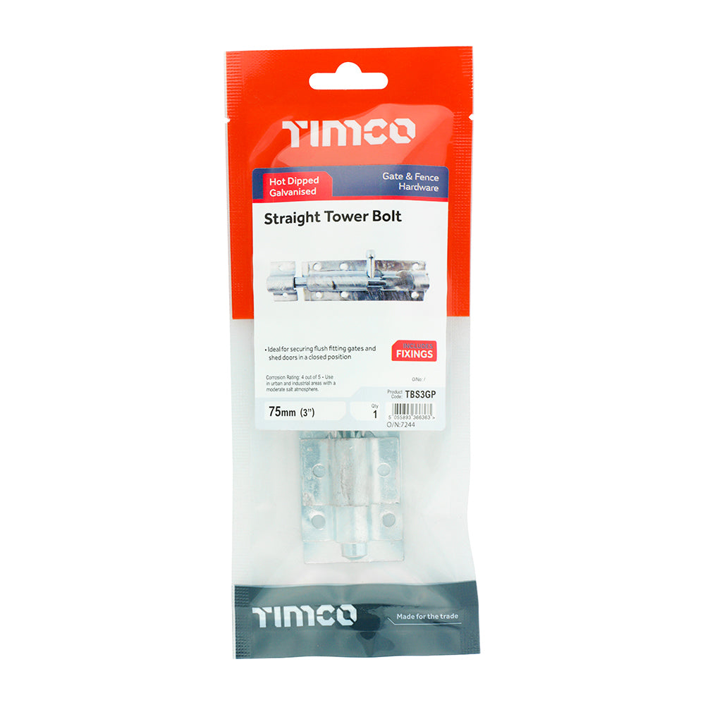 This is an image of Timco - Straight Tower Bolt - Hot Dipped Galvanised 3" (1 Each TIMpac) TBS3GP