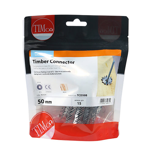 This is an image of Timco - Timber Connectors - Double Sided - Galvanised 50mm / M12 (15 Pieces TIMbag) TCD50B