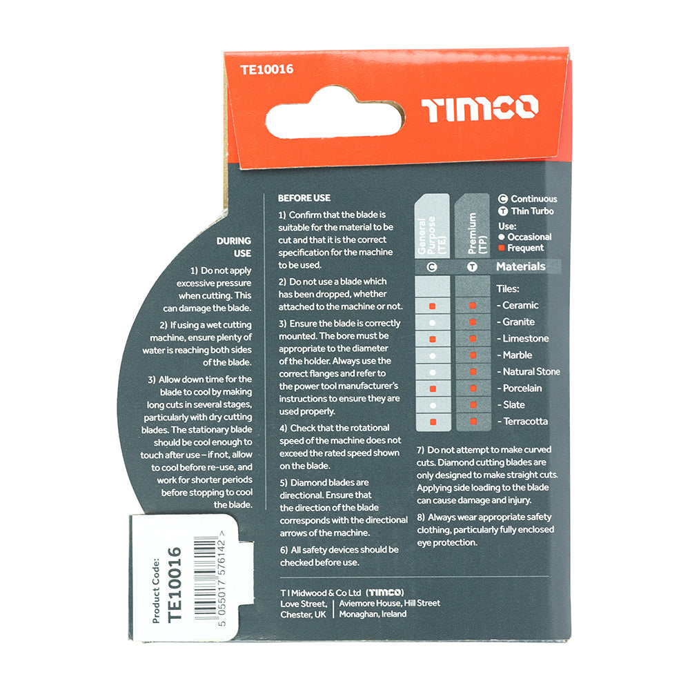 This is an image of Timco - General Purpose Tile & Ceramic Diamond Blade - Continuous 100 x 16.0 (1 Each Box) TE10016