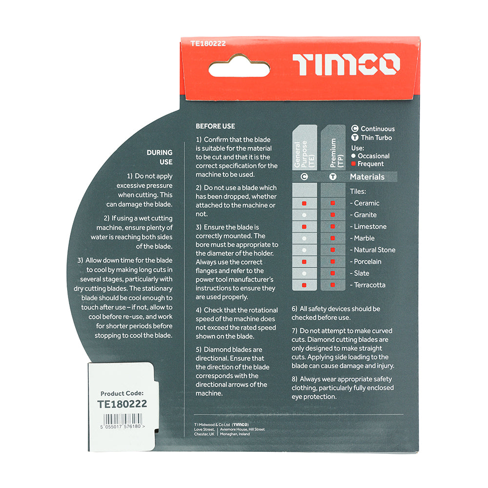 This is an image of Timco - General Purpose Tile & Ceramic Diamond Blade - Continuous 180 x 22.2 (1 Each Box) TE180222