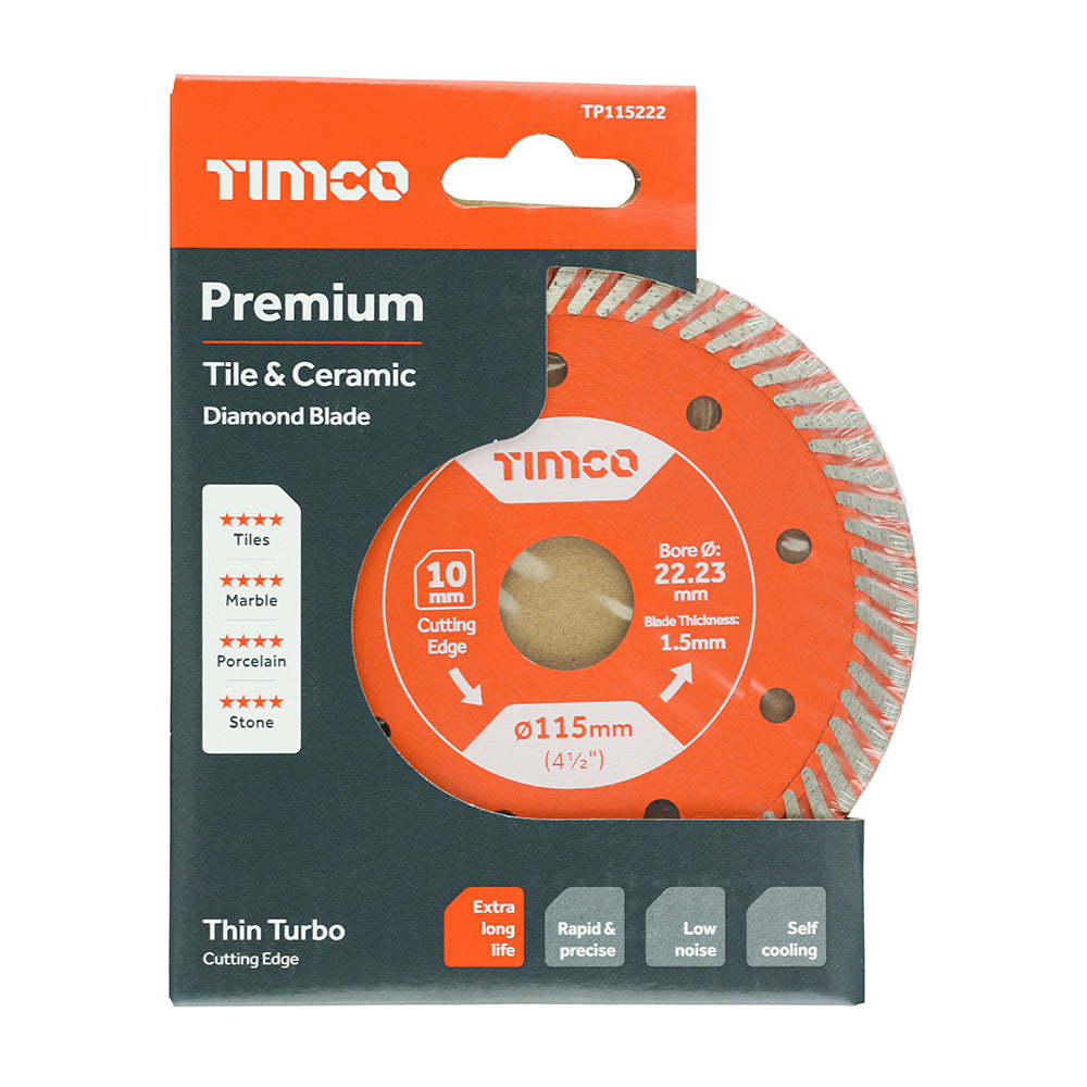 This is an image of Timco - Premium Tile & Ceramic Diamond Blade - Thin Turbo 115 x 22.2 (1 Each Box) TP115222